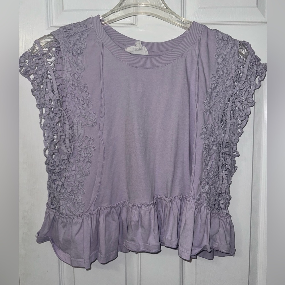 Anthropologie Lilac Crochet Trim Blouse